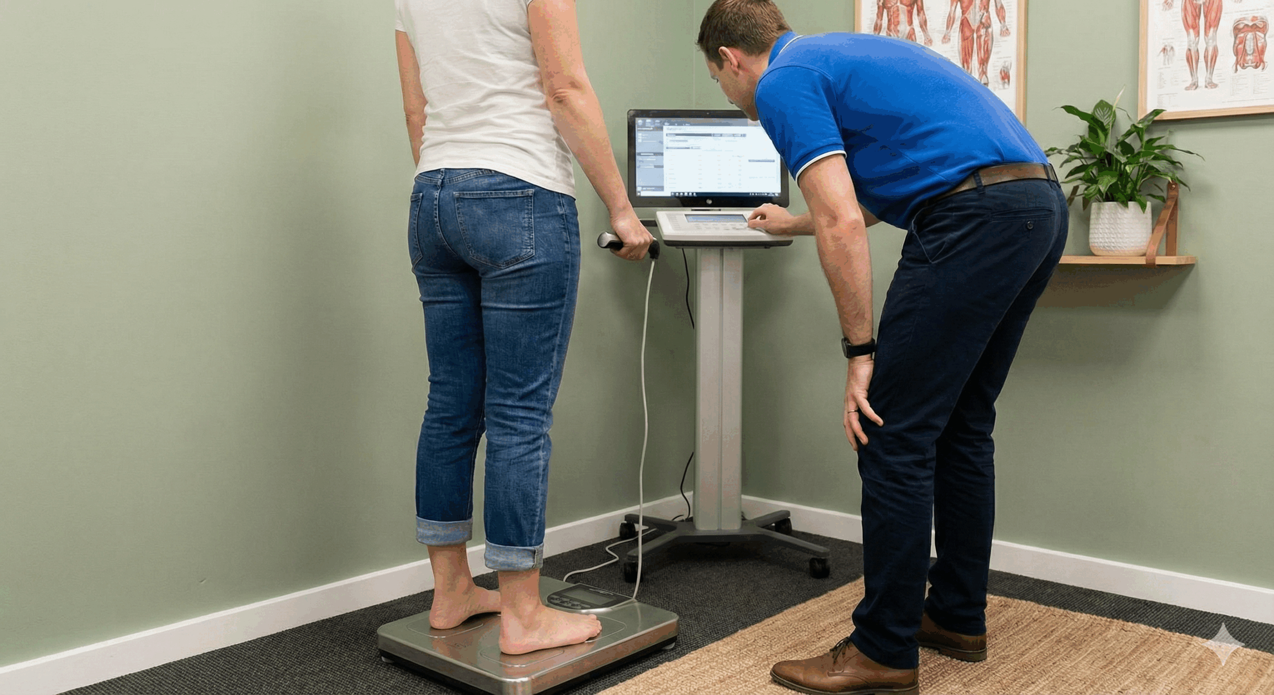 Client standing barefoot on a body composition scanner, holding hand electrodes while a practitioner watches the screen.